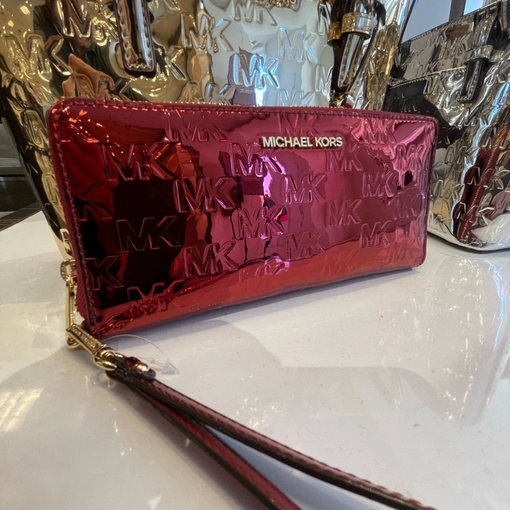 MICHAEL KORS Jet Set Lg Metallic Logo Debossed Continental Wallet Wristlet Phone - Picture 5 of 16